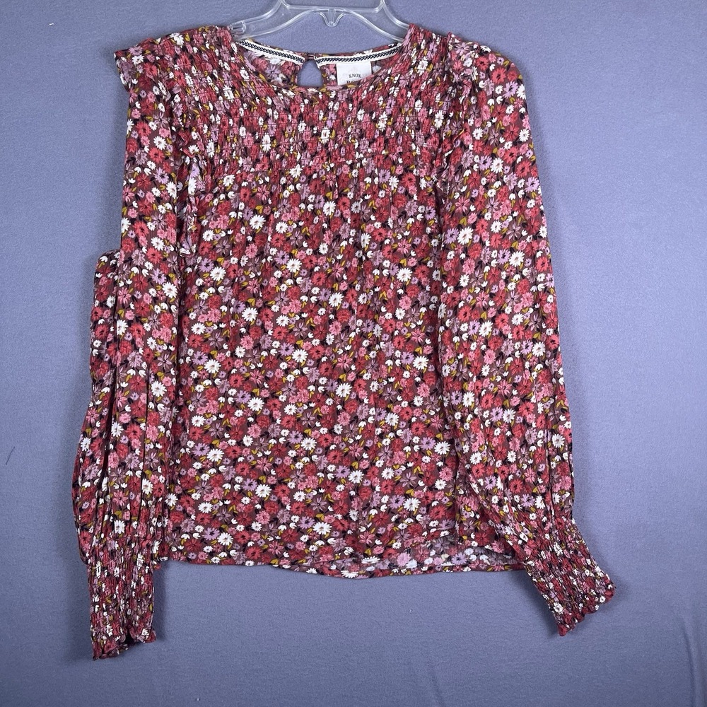 Knox Rose Pink Floral Boho Peasant Top Long Sleeve Size M